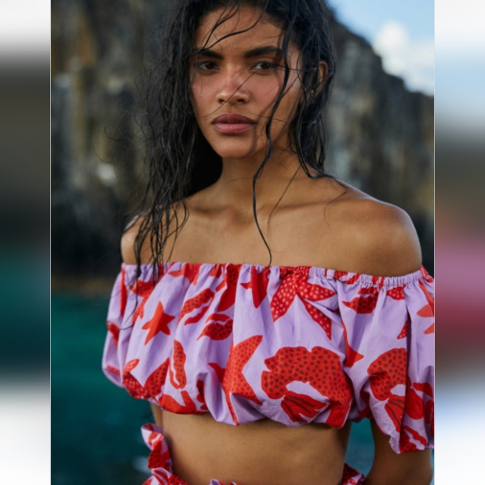 FARM Rio × Anthropologie Lobster Sky Crop Top Purple Red Small NWT